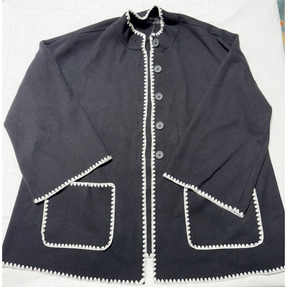 Lane Bryant Black Knit Cardigan Jacket 14/16 Petite Plus White Blanket Stitch